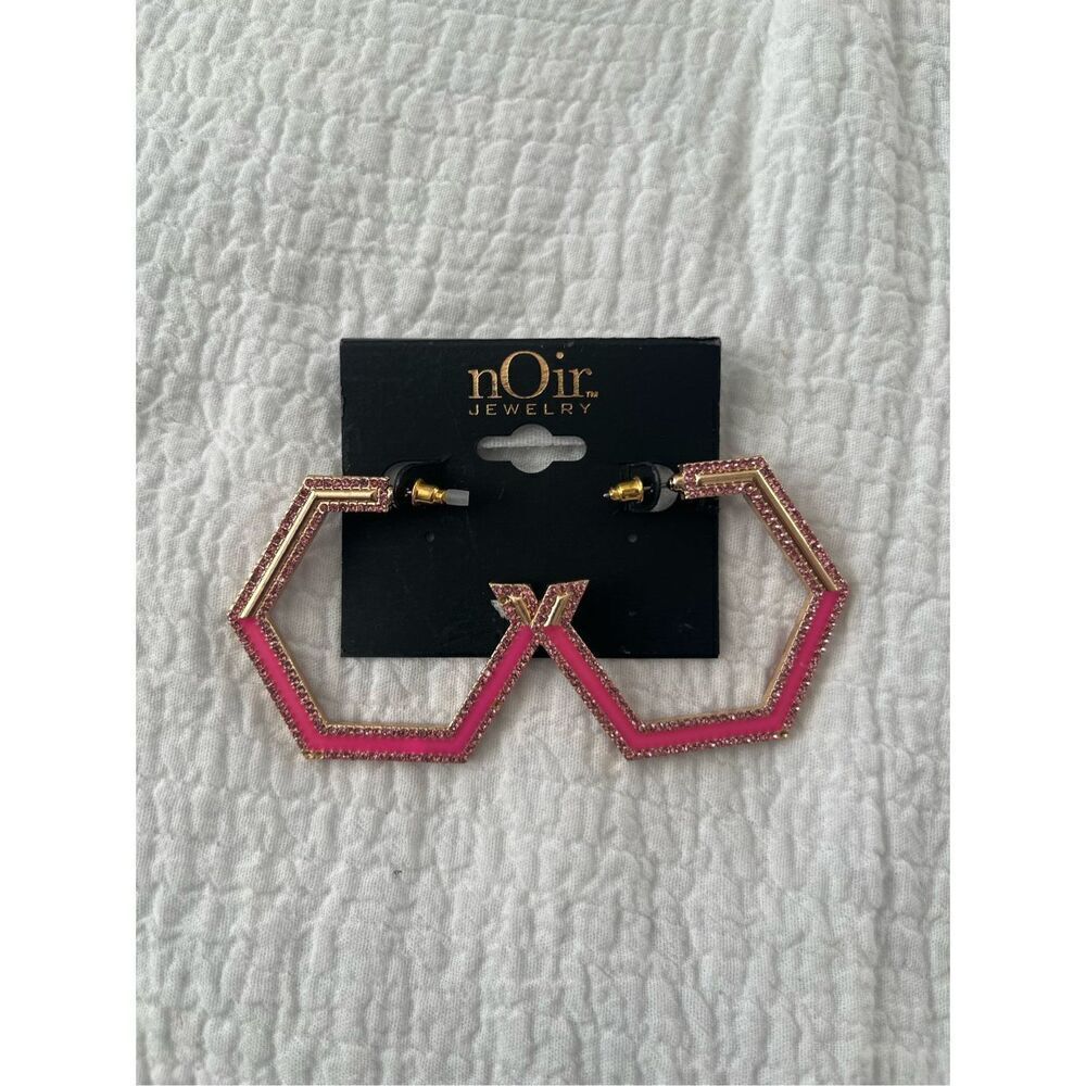 Noir Pink Gold Rhinestone Hoop Earrings NEW NWT